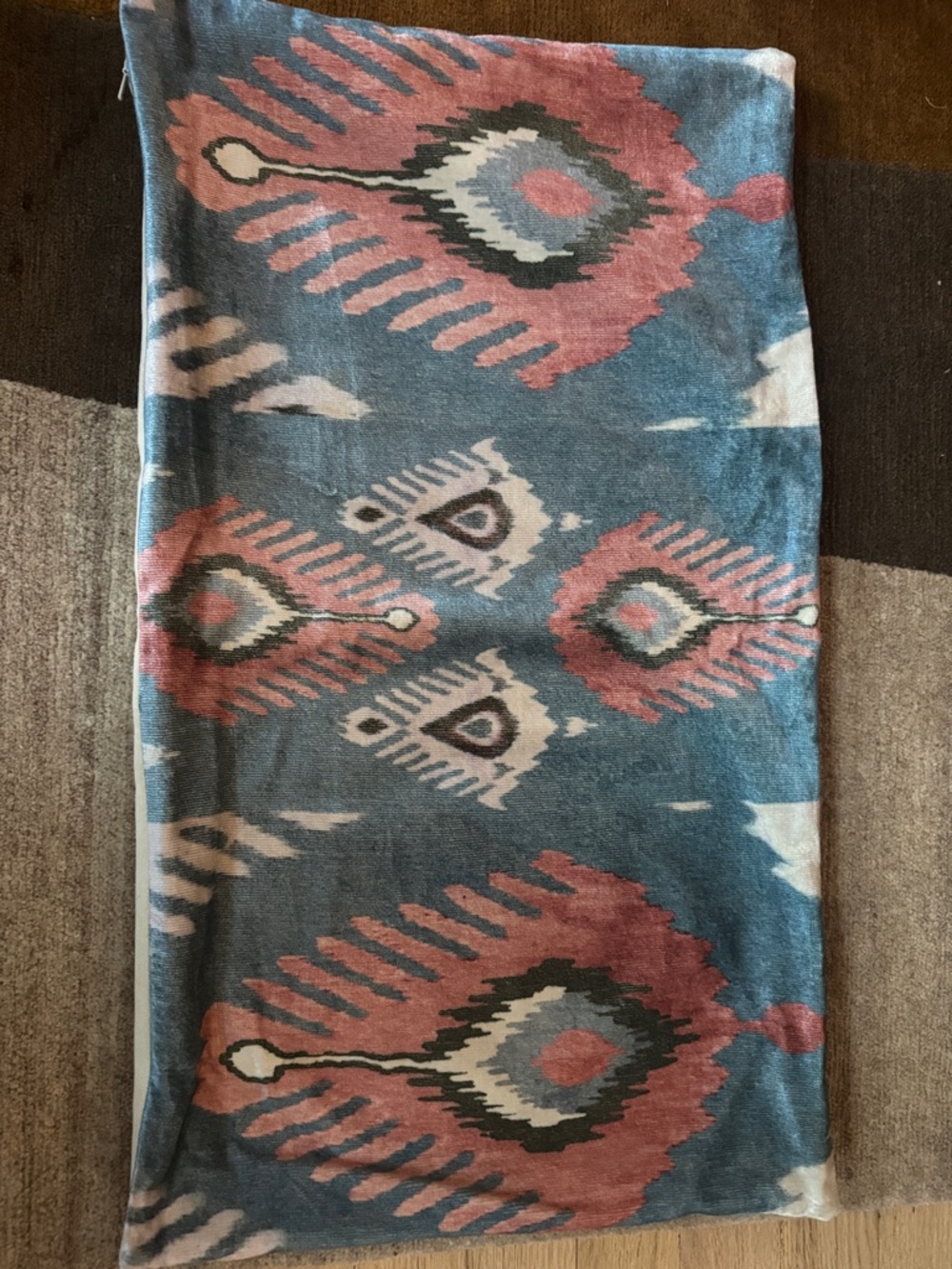 Anthropologie Blue and Coral Geometric Aztec pillow cove